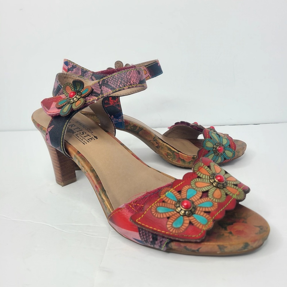 L'Artiste‎ Spring Step Boho Floral Heeled Sandals Gardena Leather Ankle Strap 42